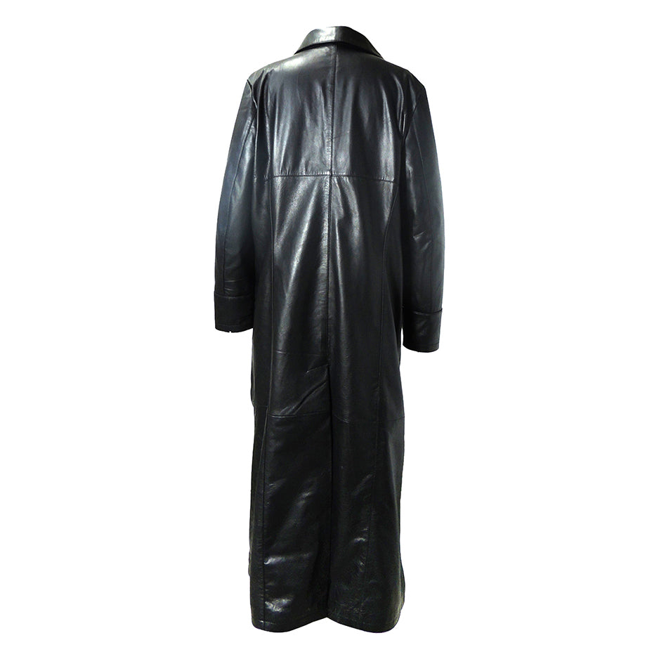 QR Matrix Womens Black Full Long Leather Coat with 3 Buttons