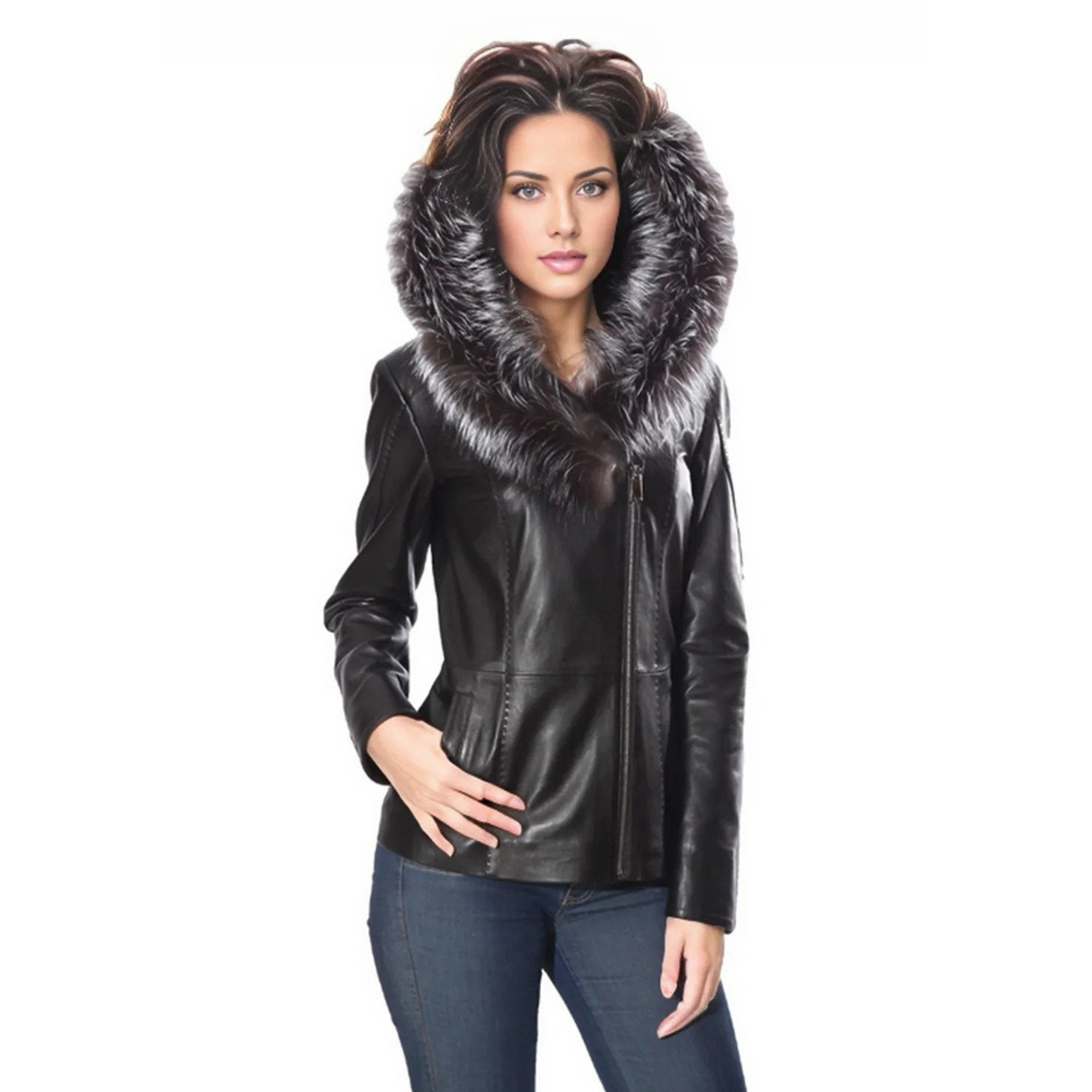 Cidra Womens Real Silver Fox Fur Hooded Leather Jacket