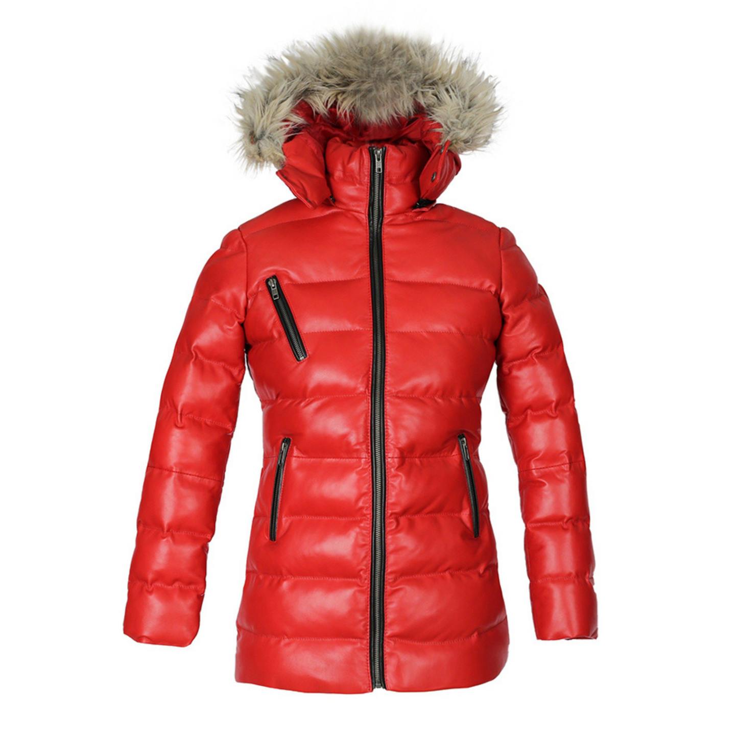 Womens Selina Puffer Leather Jacket with Fur Hoodie (Red)